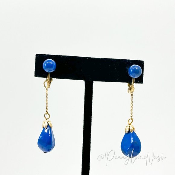 Vintage Jewelry - Vintage Bright Bue Dangle Beads Drop Earrings
